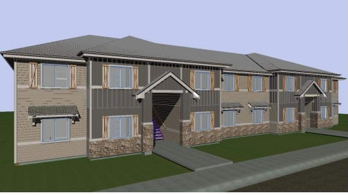 Rendering of a two-story apartment building planned as part of an 86-unit complex from the Biltmore Co. at West Fairview Avenue and North Dawn Place. The project includes three of the two-story buildings, with eight units each, and three three-story buildings with 24 apartments each.
