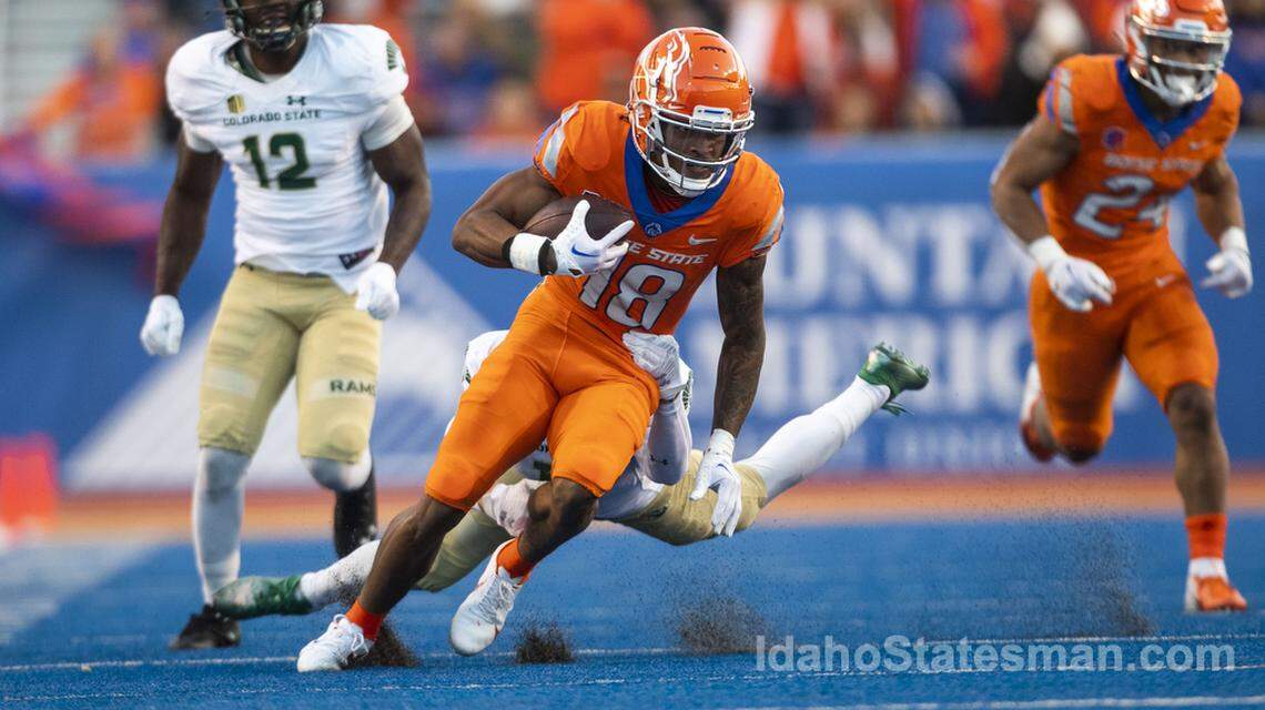 Boise State wide reveiver Billy Bowens runs for extra yards after a catch against Colorado State, Saturday, Oct. 29, 2022, at Albertsons Stadium in Boise.