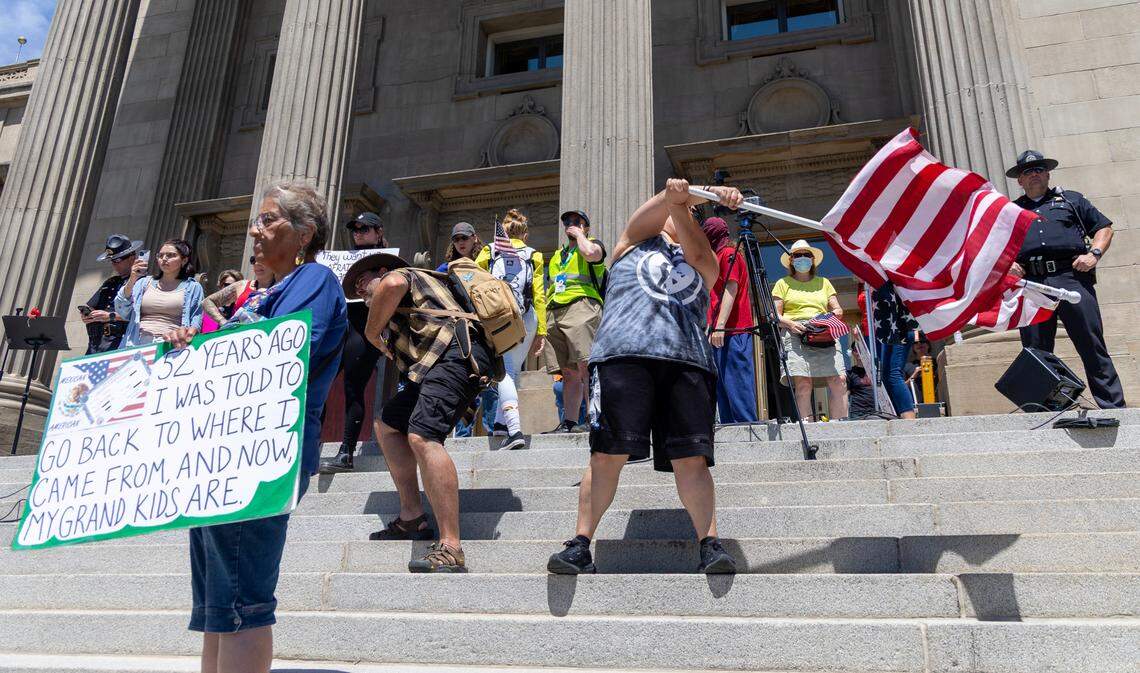 Thousands of protesters gathered outside of the Idaho Capitol Building in Boise Saturday, June 14, 2025 as part of the national “No Kings” protests against President Donald Trump and his administration.