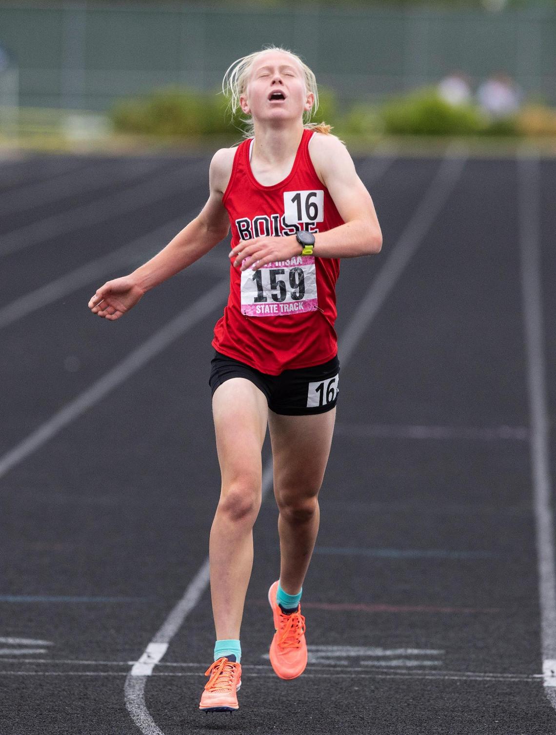 Boise High School’s Sammy Smith crosses the finish line first in the 5A girls 3,200 meters at the IHSSA track and field state championships at Eagle High School on Friday, May 21, 2021.