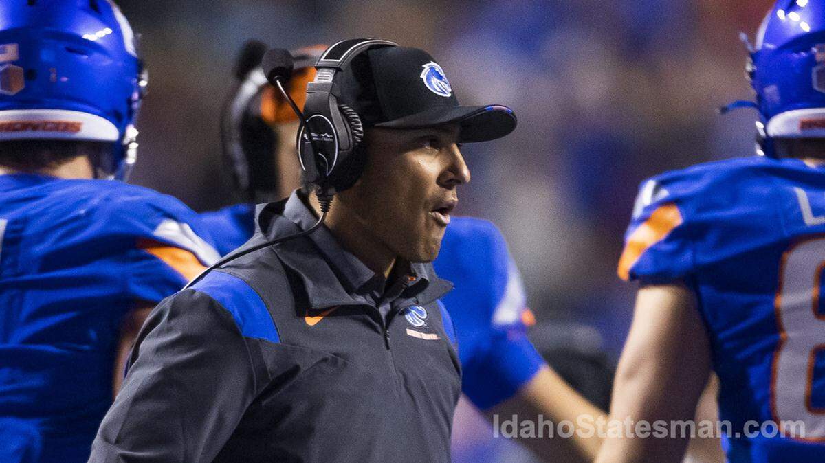 Boise State head football coach Andy Avalos was all smiles after the Broncos’ last touchdown in the 4th quarter of last week’s 38-13 comeback win over San Diego State.