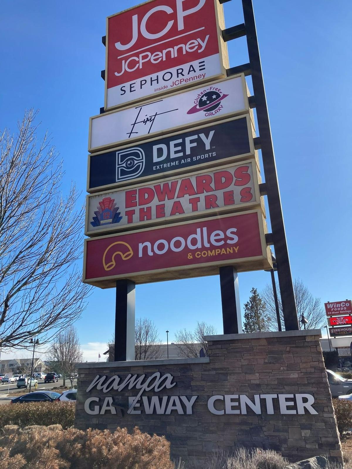 The entry to the Nampa Gateway Center at Garrity Boulevard and East Flamingo Avenue. The Edwards Theatres closed in 2022.