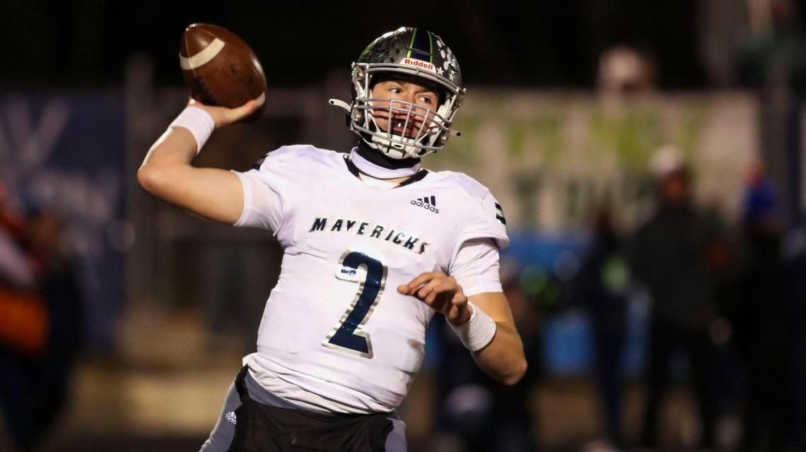 Mountain View quarterback Dawson Wahl winds up for a pass Friday against Meridian.