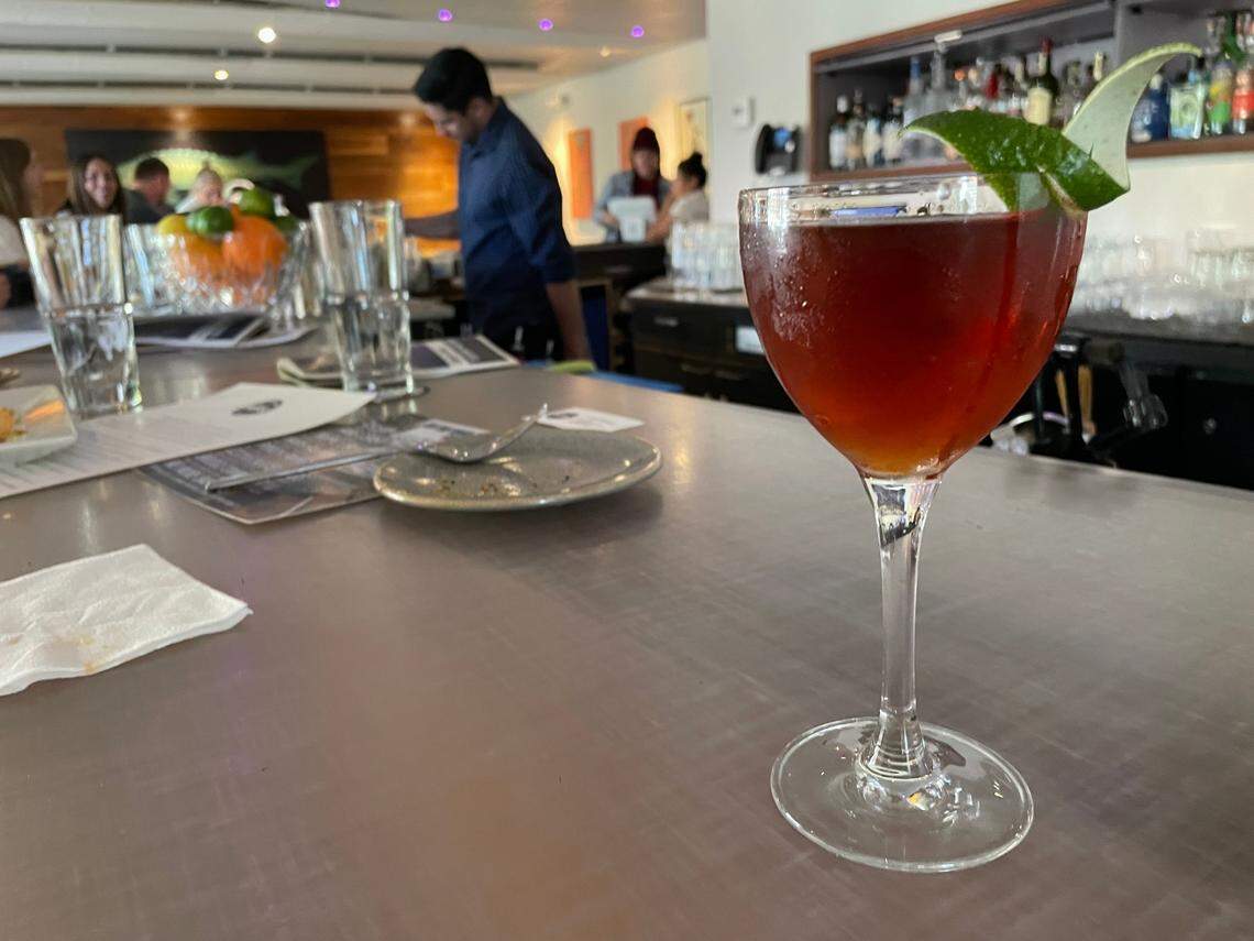 The specially created City of Trees cocktail at The Modern Bar: Chopin Potato Vodka, Zirbenz Stone Pine Liqueur of the Alps, Montelobos Mezcal, cinnamon syrup, Angostura bitters and black walnut bitters.