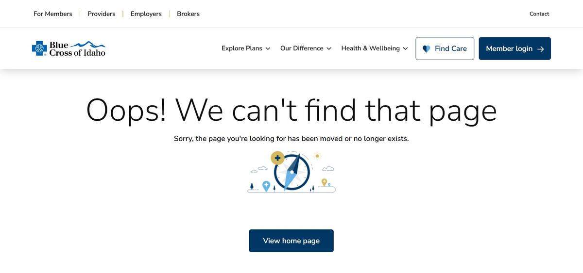 A screenshot shows an error page where the “company leadership” section of Blue Cross of Idaho’s website used to appear.
