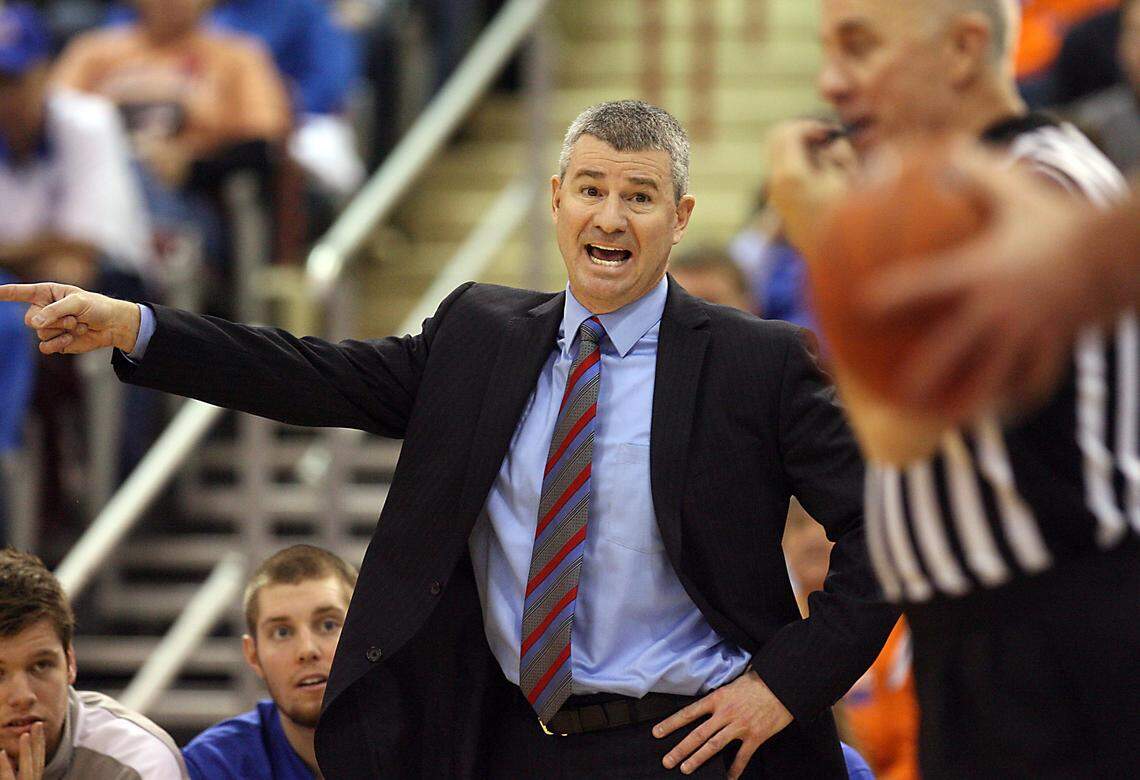 Boise State head coach Leon Rice gives the referee a piece of his mind in a 76-73 win over Idaho at the Ford Idaho Center in Nampa on Dec. 31, 2011.