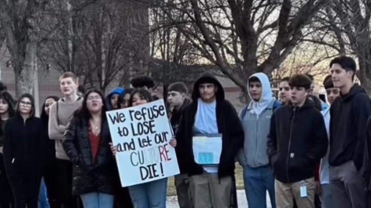 Brenda Hernandez and other Caldwell students stand at a “Brown Pride” rally on January 18, 2023. Hernandez and other Latino students faced unfair discipline for wearing culturally meaningful clothing at school in Caldwell and Nampa school districts.