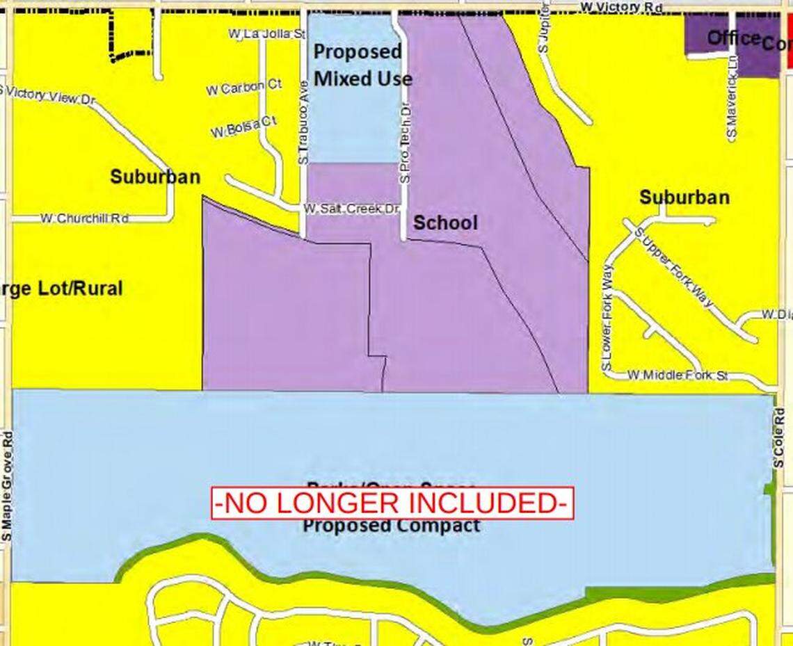 The annexation proposal originally included the Murgoitio parcel owned by the Boise Parks and Recreation Department, marked on this map as “no longer included.” Today, the proposal includes only 128 acres owned by the Boise School District to the north, and 4.25 acres owned by the Boise Airport (not pictured). The school district recently sold 15 acres of its land to a developer. The proposal requested the land use map be changed to “mixed use” for those 15 acres. There are currently no known plans to sell any of the remaining school land.