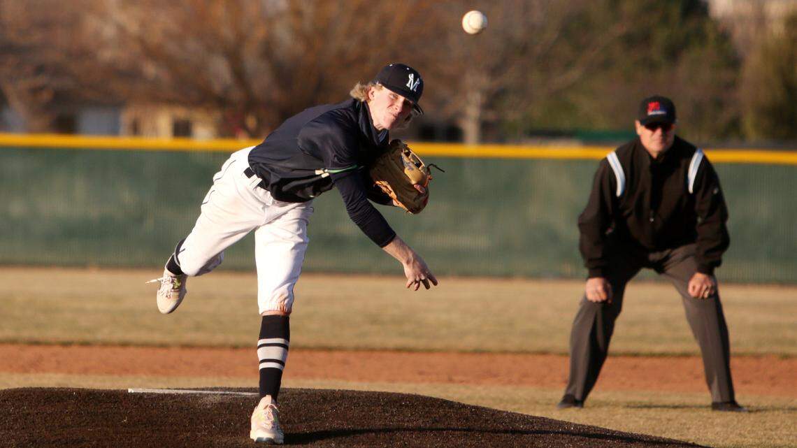 Mountain View senior Brooks Rasmussen unleashes a pitch to a Rocky Mountain batter on Tuesday at Mountain View High.