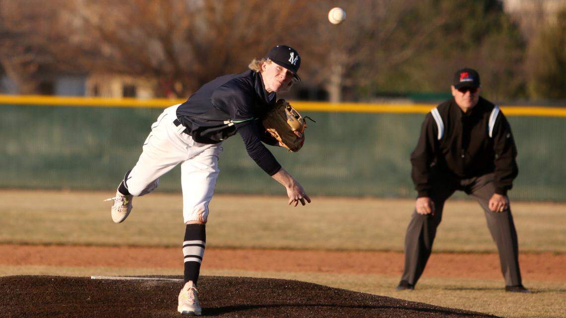 Mountain View senior Brooks Rasmussen unleashes a pitch to a Rocky Mountain batter on Tuesday, March 16, 2021 at Mountain View High.
