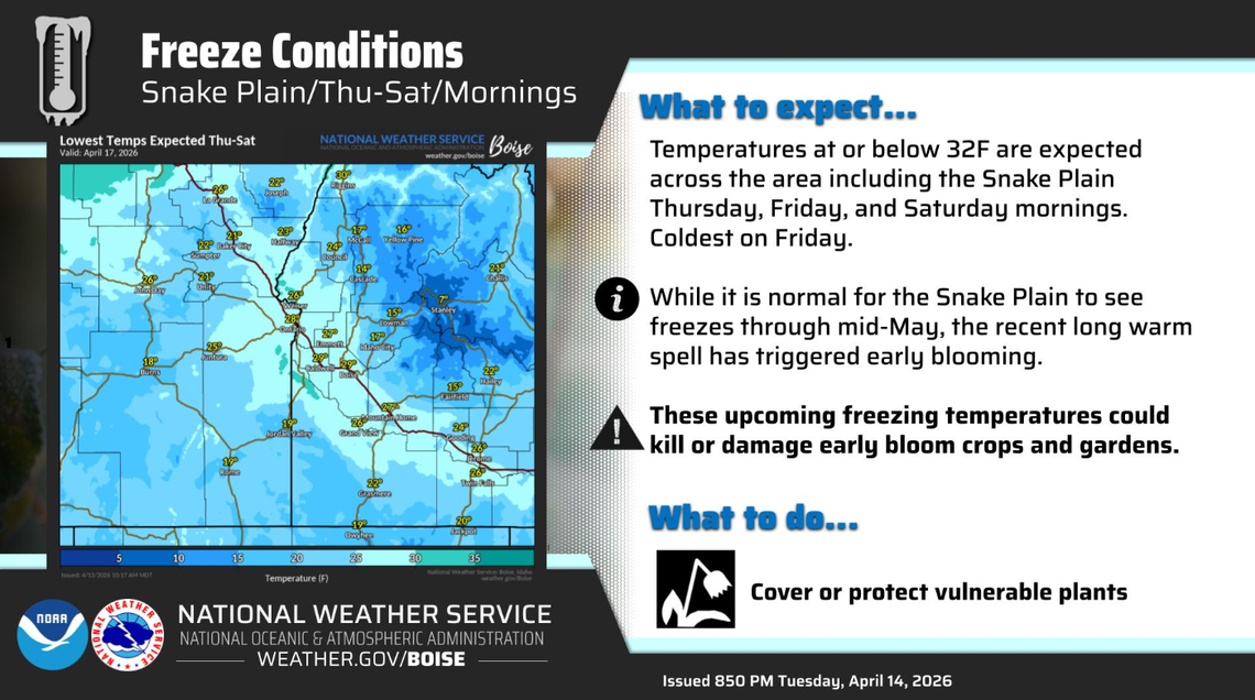 The National Weather Service office in Boise issued a freeze warning for April 16 and 17. Meteorologists advise covering growing crops and gardens.