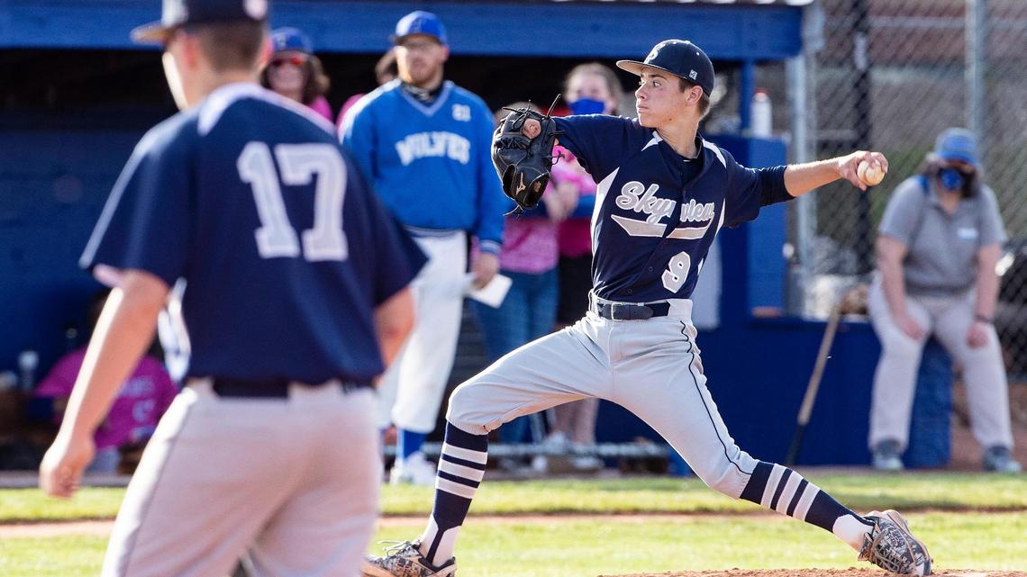 Skyview freshman Grayden Lucas was born with one hand. But that hasn’t stopped him on the baseball diamond. Above, he unleashes a pitch at Timberline High on Thursday.
