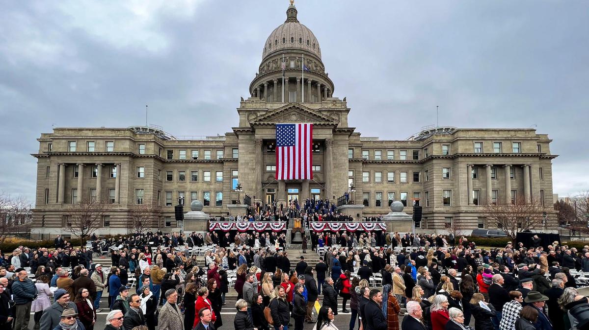 Hundreds gather at the Idaho Statehouse, Friday, Jan. 6, 2023, where Gov. Brad Little and other elected officials were sworn into office at the Idaho Capitol building, in Boise. Idaho’s regular legislative session begins Monday.