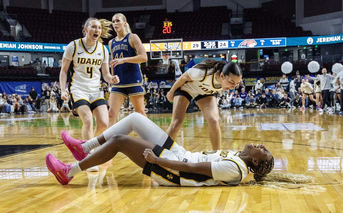 University of Idaho senior Lorena Barbosa reacts from the ground after making a basket as the Vandals play Montana State in the Big Sky championship game for women's basketball at Idaho Central Arena in Boise, Wednesday, March 11, 2026. Idaho won 60-57.