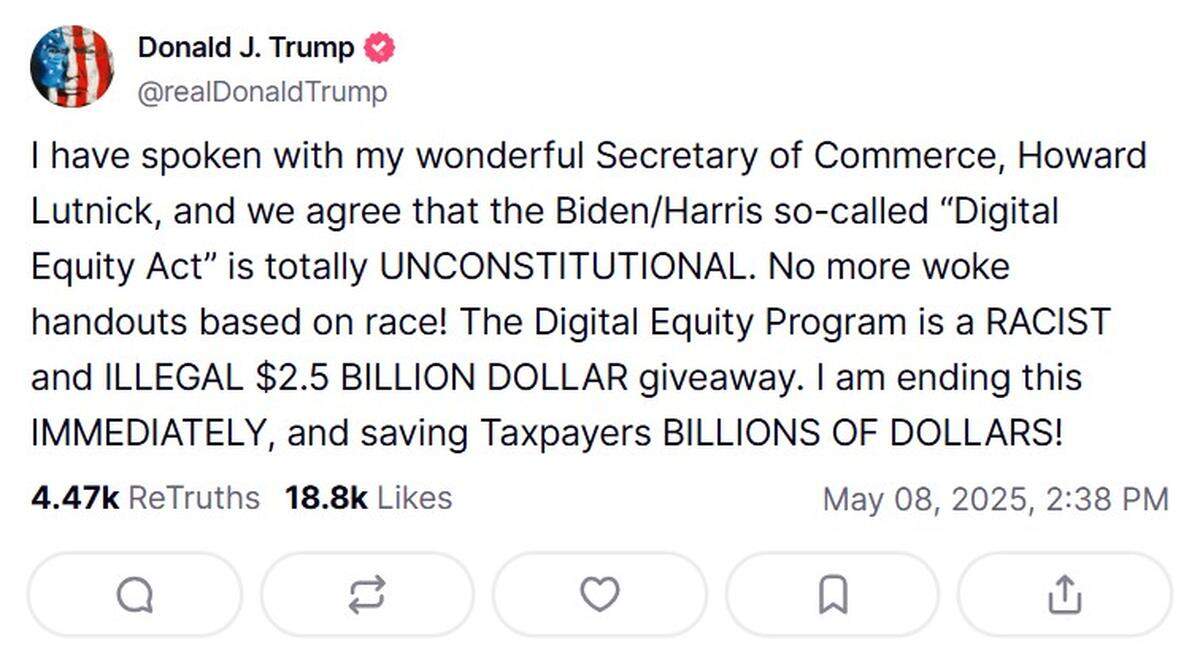President Donald Trump on May 8, 2025, posted on social media a misguided screed threatening to kill a Digital Equity Act grant program, which is scheduled to help thousands of people reenter society from Idaho prisons, regardless of race.
