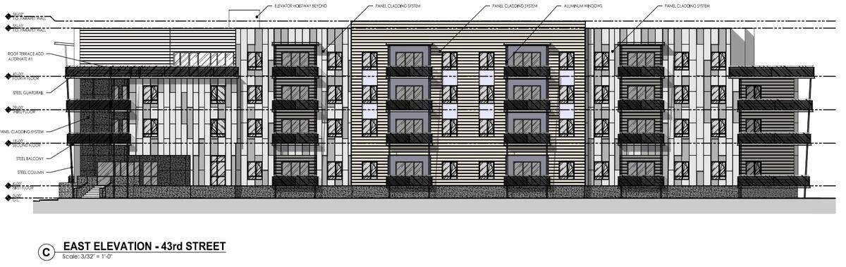A rendering of a proposed apartments near the intersection of 43rd and Adams streets in Garden City.