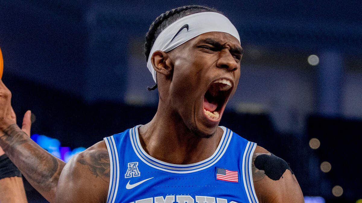 Memphis center Jalen Duren celebrates after making a basket during the second half against SMU in the semifinals of the American Athletic Conference Tournament on March 12 in Fort Worth, Texas.