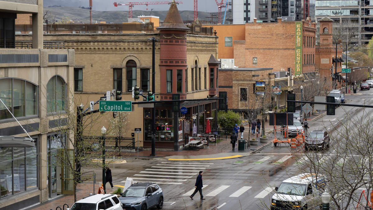 A storm showers over downtown Boise in this photo from early April 2026. Sporadic showers, lightning and strong winds are expected to blow through the Boise area on Tuesday.