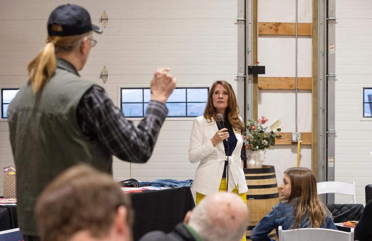 Lt. Gov. Janice McGeachin takes a question from an attendee during a meet-and-greet campaign fundraiser at a Caldwell-area winery in April.