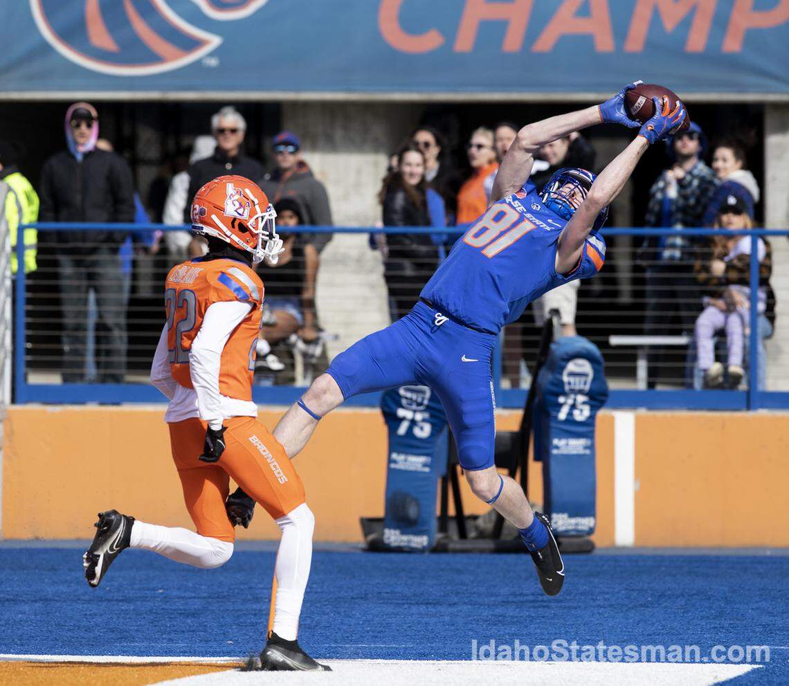 Boise State wide receiver Austin Bolt makes a catch that was ruled out of bounds uring their spring game held on Saturday, April 9, 2022, at Albertsons Stadium.