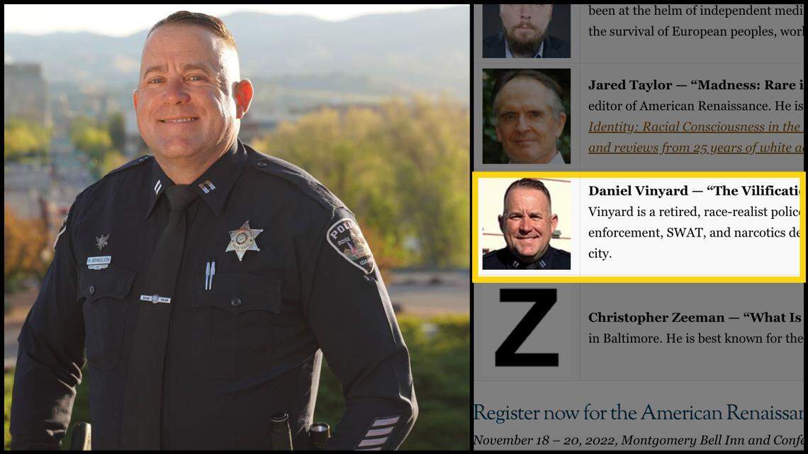 Retired Boise Police Capt. Matt Bryngelson, shown in a department photo on the left, was scheduled to speak at the American Renaissance Conference last weekend under the pseudonym Daniel Vinyard. American Renaissance is an online site that espouses white supremacist ideals.