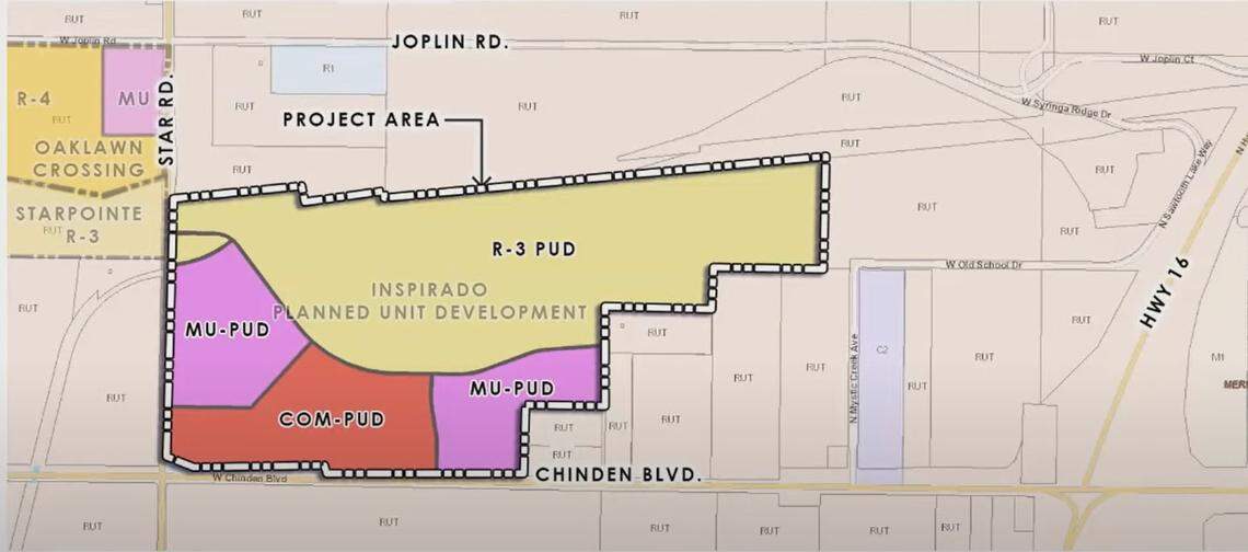 The map shows the three subdivisions. Oaklawn Crossing is north of Star Pointe and borders Joplin Road on the north. Star Pointe borders Inspirado on the east. The designation MU indicates the area is zoned for mixed use, meaning a combination of housing and commercial businesses are allowed. The zoning designation COM means the land is zoned for commercial businesses and R-3 and R-4 are zoned for homes. These subdivisions are about three to five miles from the Boise River.