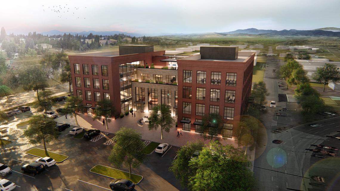 An artist’s rendering looking northwest at the proposed new offices of Emsi.