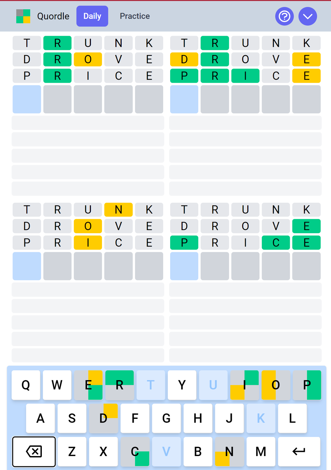 Quordle takes Wordle to the next level, making you guess four words at once oppossed to just one word.