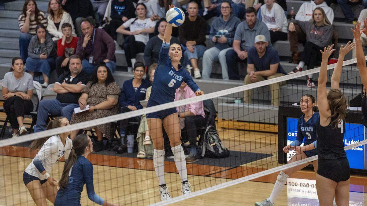 Skyview senior Bellamie Beus spikes the ball in their game against Rocky Mountain for the 6A District Three championship title.