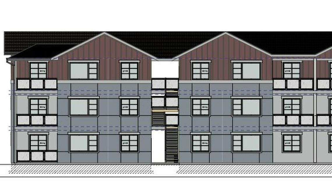 A portion of the proposed Emerald Apartments, a three-story development in three buildings.