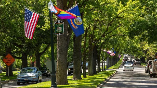 Harrison Boulevard in Boise’s North End has a tradition of flying flags along the median. The inclusion of the Pride flag has become a magnet for vandalism, theft and political debate.