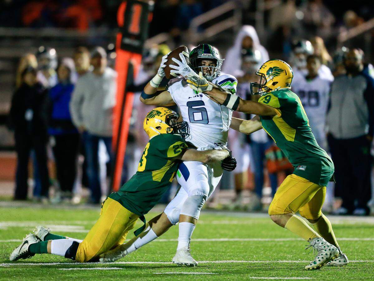 Mountain View tight end Joey Elwell pulls down a catch between two Borah defenders Oct. 4.