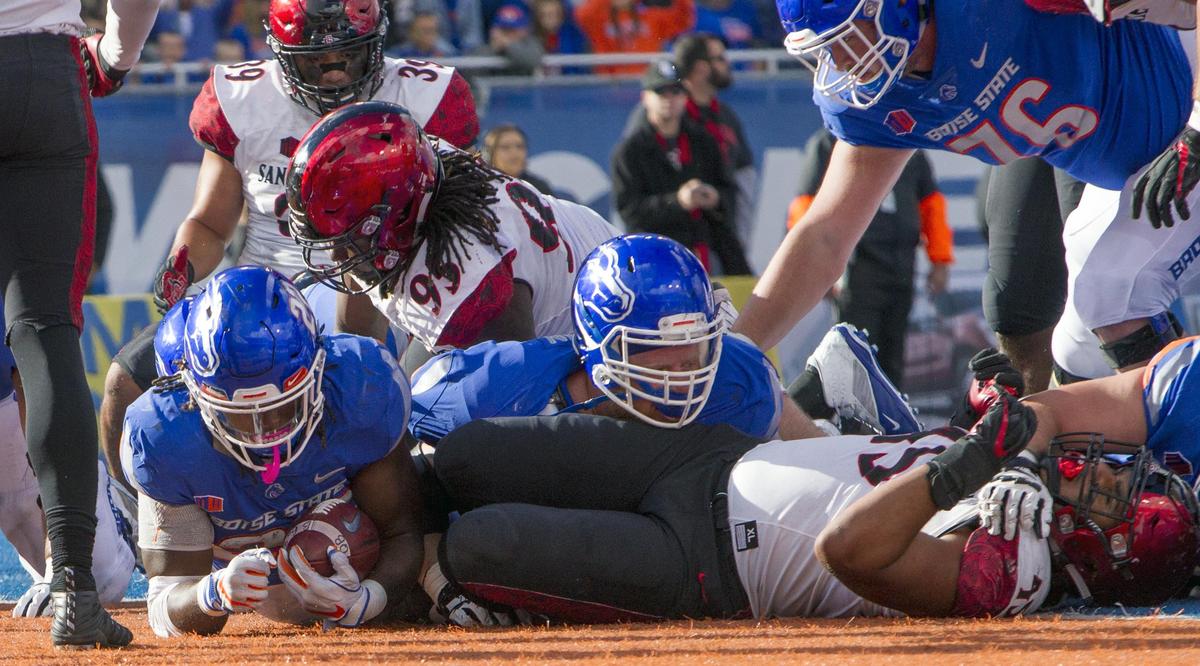 Boise State running back Alexander Mattison (22) scores his second touchdown, this one against San Diego State in the fourth quarter Saturday, Oct. 6, 2018 at Albertsons Stadium in Boise.