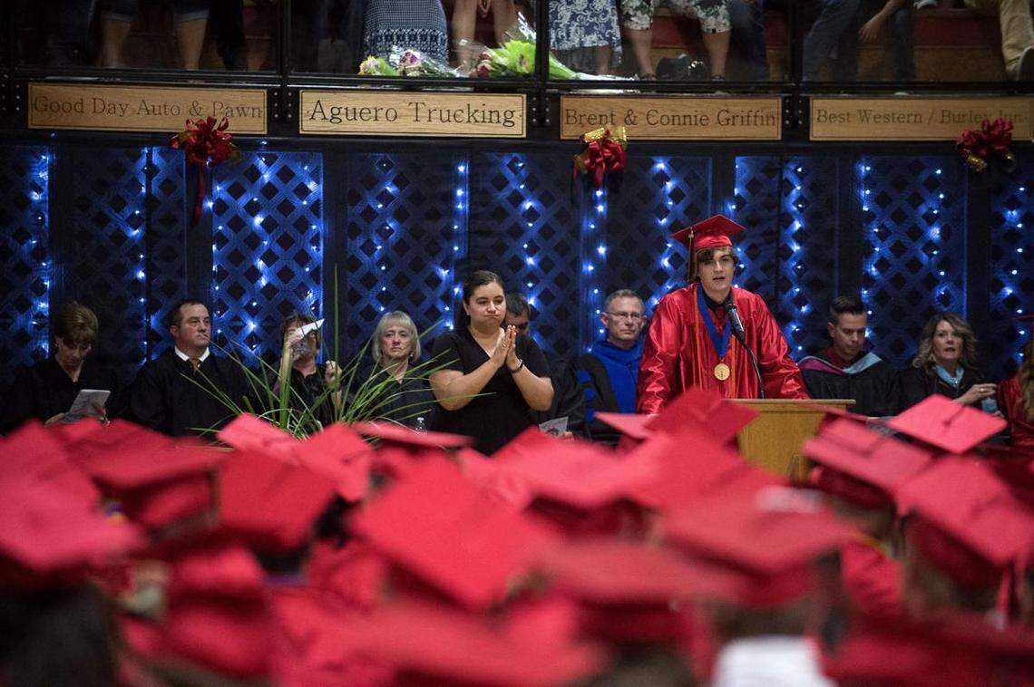 Minico High School will host a graduation for 190 seniors May 21 in violation of Idaho’s public health guidelines. Above, a student speaks during the school’s 2018 graduation.