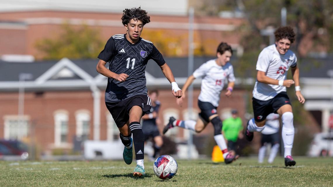 Rocky Mountain junior Gabe Hernandez controls the ball during the Grizzlies’ game against Owyhee. Hernadez had one goal and one assist.