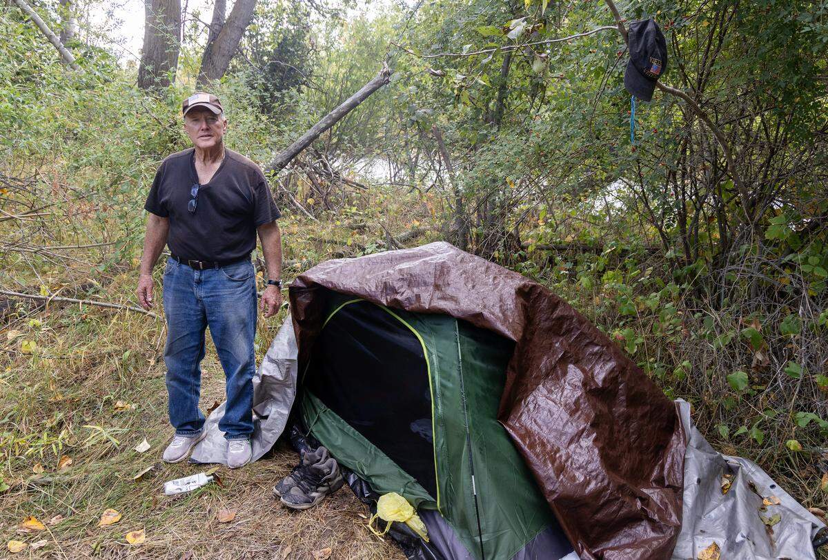 Christopher Burdge has a campsite where he sleeps on the island.