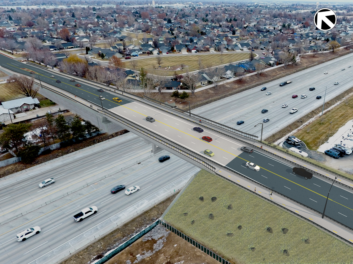 A rendering shows ACHD’s plans for the Linder Road overpass, which would span I-84 when completed. On Monday, the highway district commenced construction of the project’s first phase; the entire overpass is expected to be complete in summer 2027.
