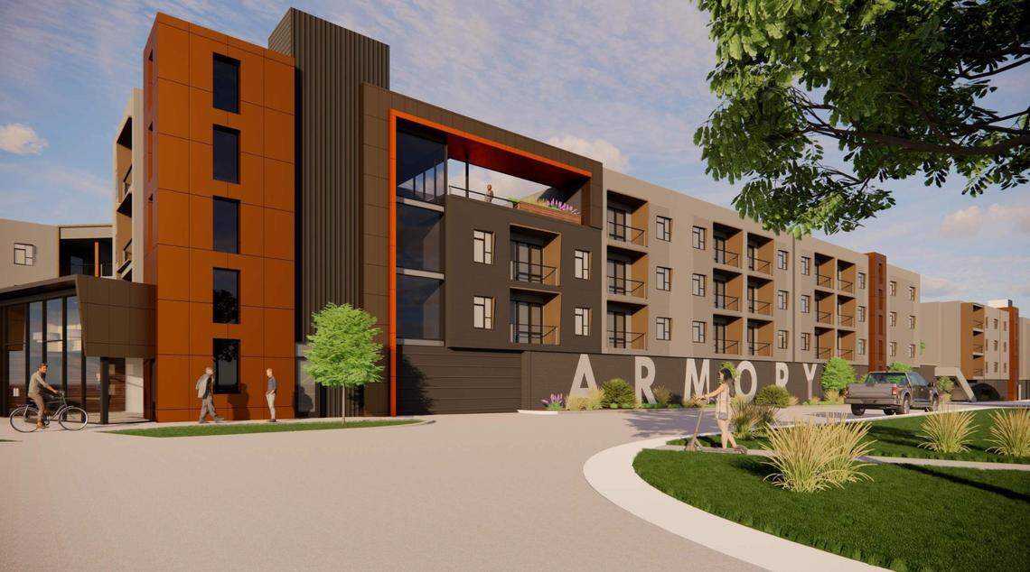 Utah-based Alpha Development Group is proposing to develop the site of the Idaho National Guard Armory building and surrounding property. This rendering shows a potential future view of an apartment building that could be built next to the armory, which is at 801 E. Reserve St. in Boise’s East End.