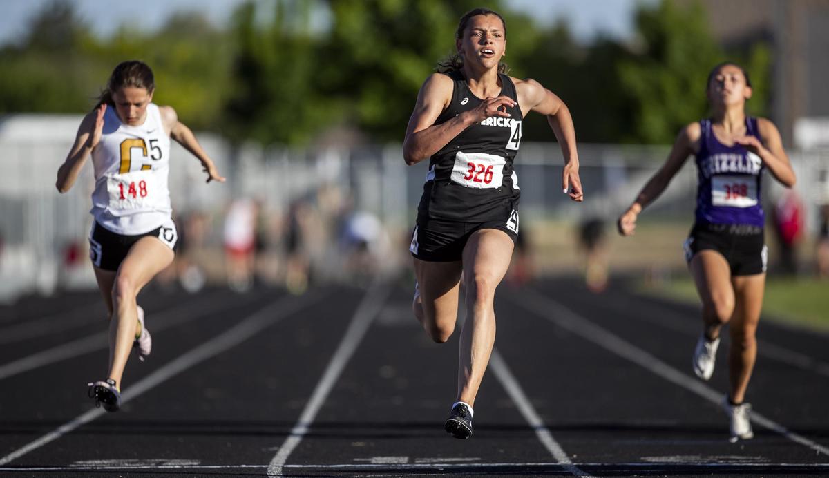 Mountain View senior Jasmine Devers wins the girls 100 meters in 12.41 seconds during the 5A District Three track and field championships Friday, May 10, 2019, at Centennial High in Boise.