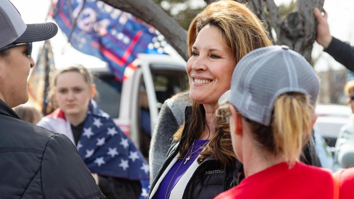 Idaho Lt. Governor Janice McGeachin arrives at a rally to support truckers and protest against COVID-19 vaccination mandates for employment on Wednesday, March 2, 2022 in Boise.