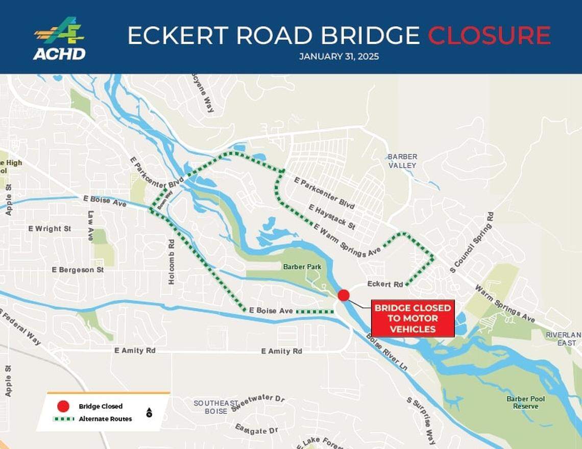 The detour route runs through Warm Springs Avenue to Park Center Boulevard, then to Mountain Way and Boise Avenue, as shown here.