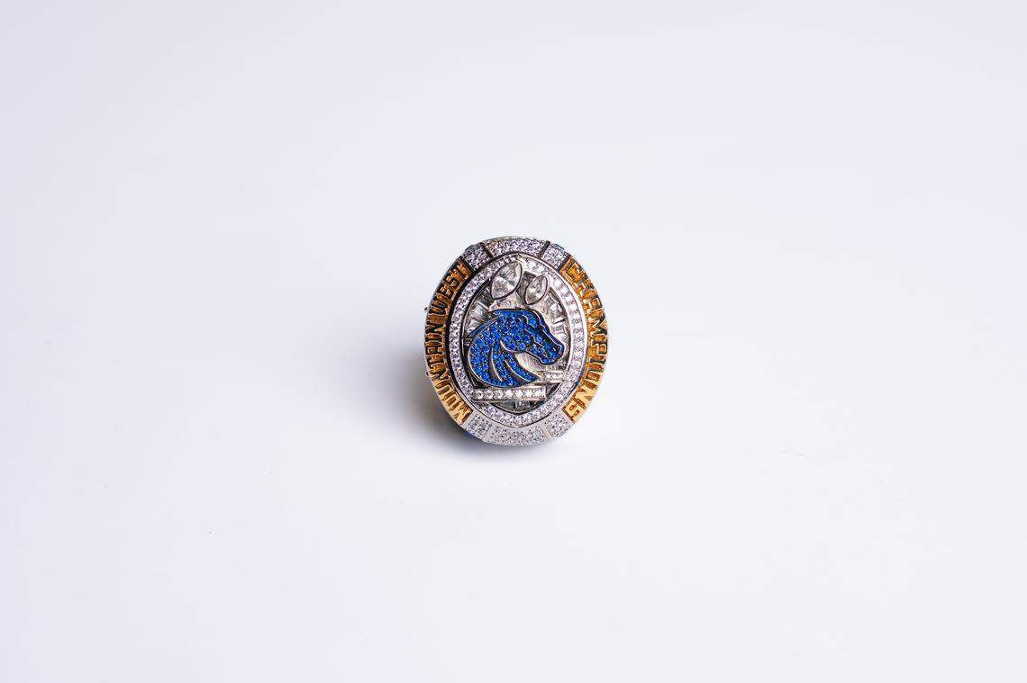 The top of Boise State’s 2024 Mountain West Championship ring also highlights the Broncos’ back-to-back conference titles.