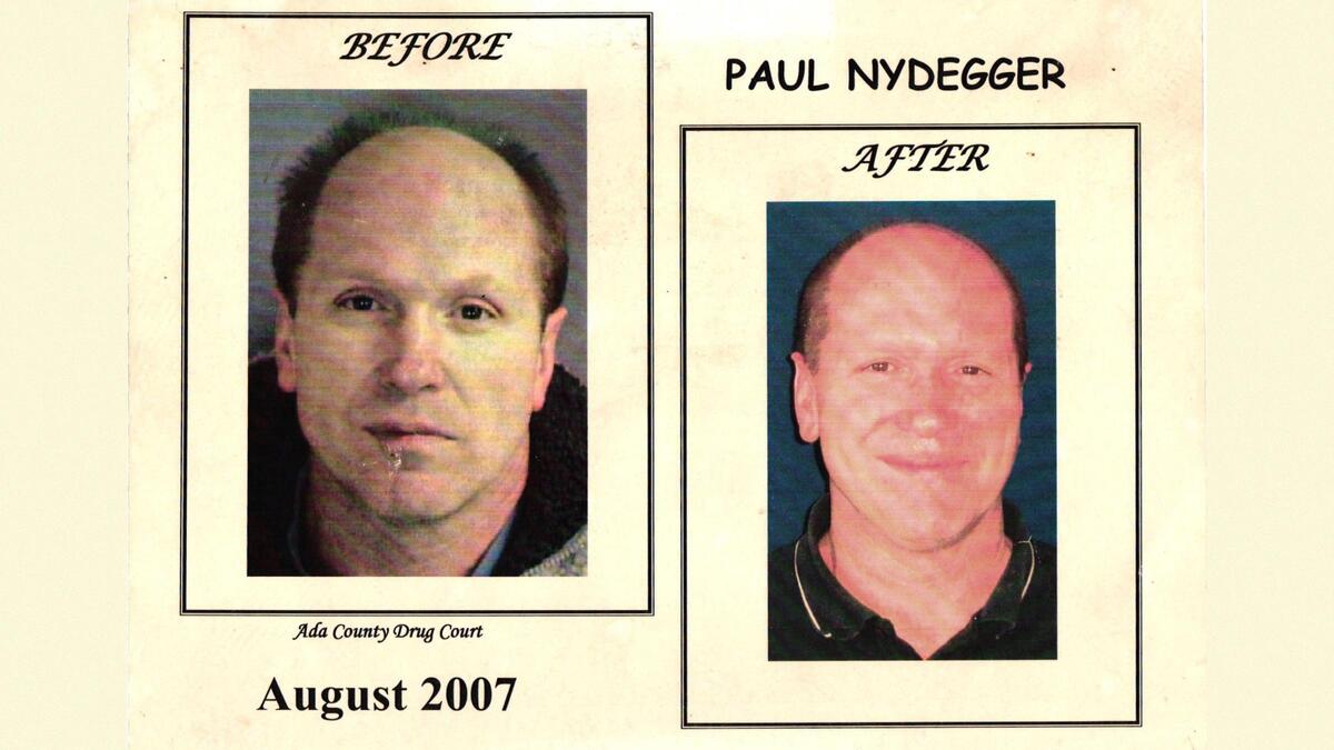 Photos of Ada County Drug Court counselor Paul Nydegger before and after he went through the program. He graduated from drug court in 2007 and now helps guide people to sobriety.