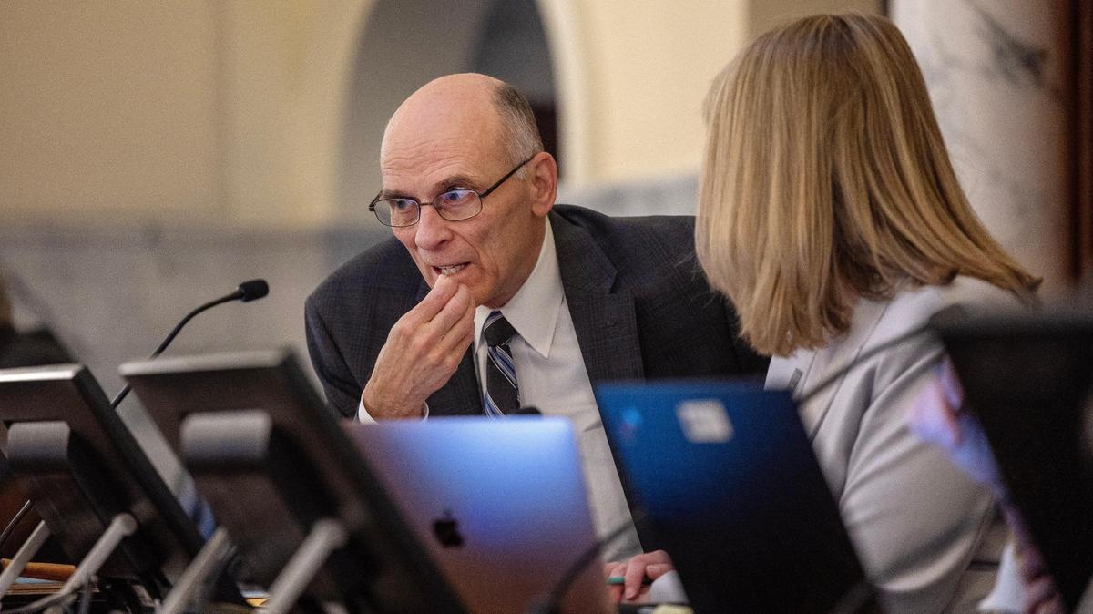 Joint Finance-Appropriations Committee (JFAC) co-chairs Sen. C. Scott Grow, R-Eagle, and Wendy Horman, R-Idaho Falls, who co-chair the Joint Finance-Appropriations Committee, talk before the start of a meeting in February 2024.