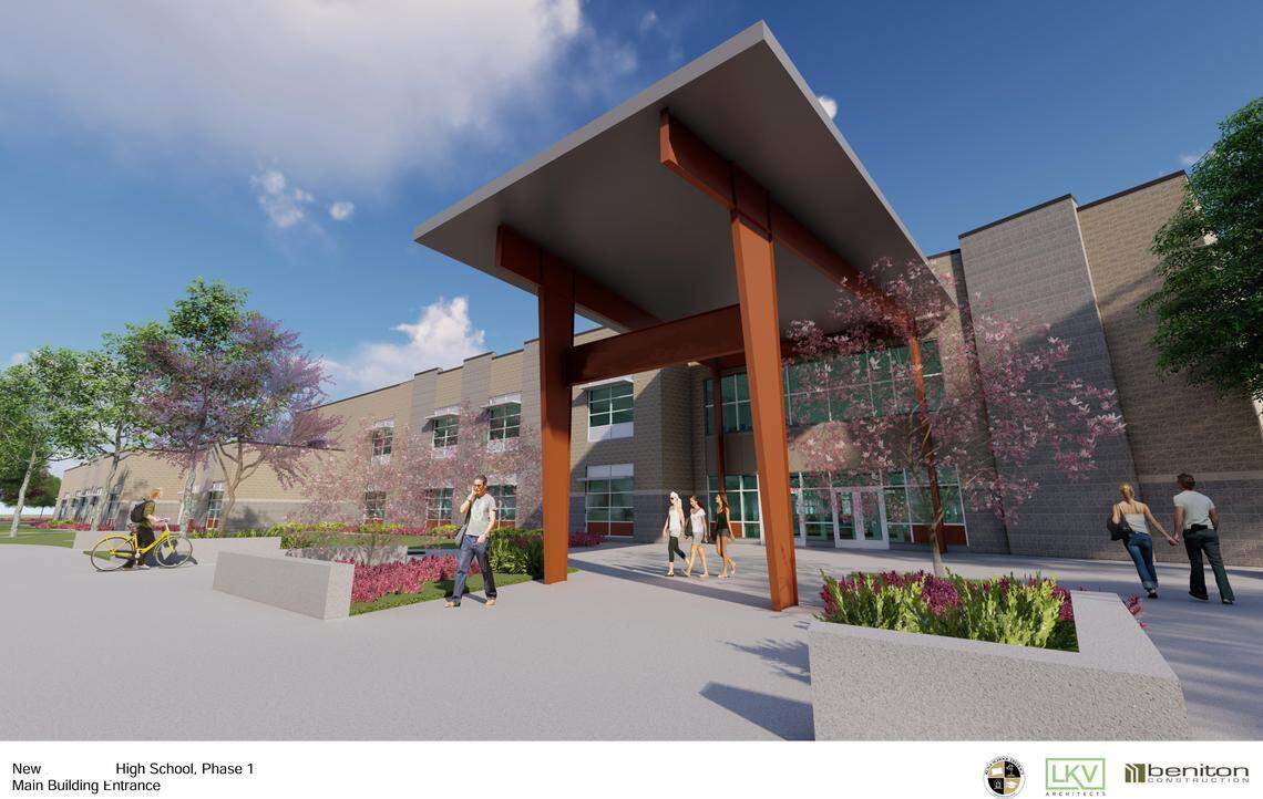 An artist’s rendering of the main entrance of the soon-to-be-built high school on the northeast corner of Columbia and Linder roads in the Kuna School District.
