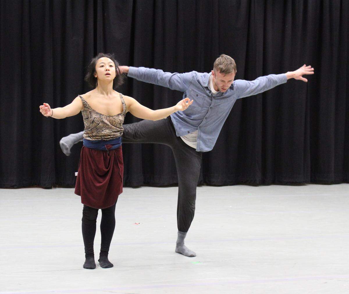 Ching Ching Wong and Brett Perry rehearse a scene in LED’s “Jabberwolk,” a multimedia performance featuring original music, choreography, projection and film.