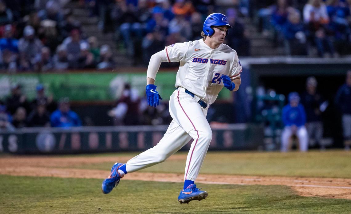 Boise State outfielder Michael Hicks rounds first base on a double in the Broncos’ home opener against Northern Colordado Friday, Feb. 28, 2020 at Memorial Stadium in Boise.