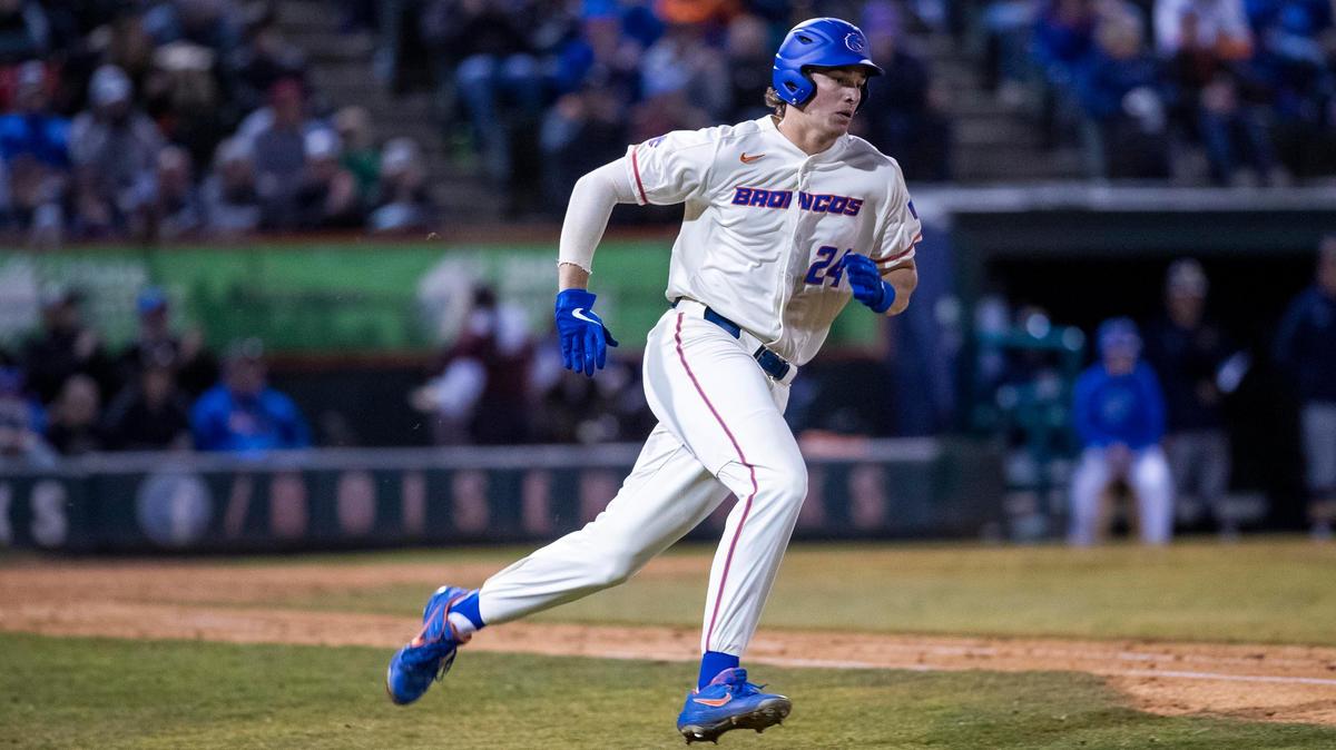 Boise State outfielder Michael Hicks rounds first base on a double in the Broncos’ home opener against Northern Colorado on Feb. 28 at Memorial Stadium. On Wednesday, Hicks went 3-for-5 in the Broncos’ 12-9 win over Niagara.