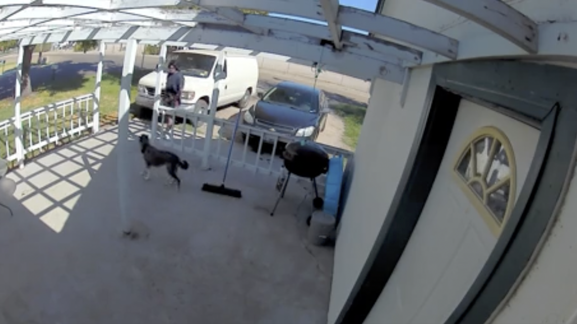 A frame from the video, which eventually showed a man hitting a dog in a Caldwell neighborhood. The footage was captured on a Ring doorbell camera and posted to Nextdoor.