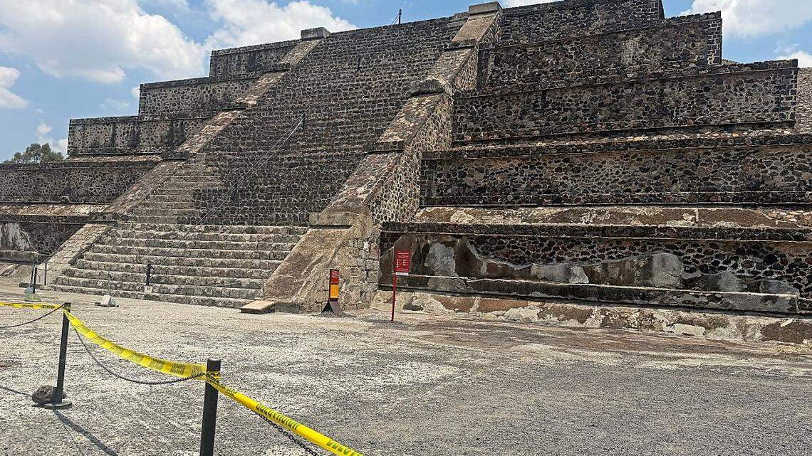 A section of the pyramids at the Teotihuacan archaeological zone is taped off in Teotihuacan, State of Mexico, on April 22, 2026. The world-famous landmark has officially reopened days after a gunman killed one person, a Canadian woman, injured 13 others, and then took his own life at the site. (Photo by ZINA DESMAZES / AFP via Getty Images)